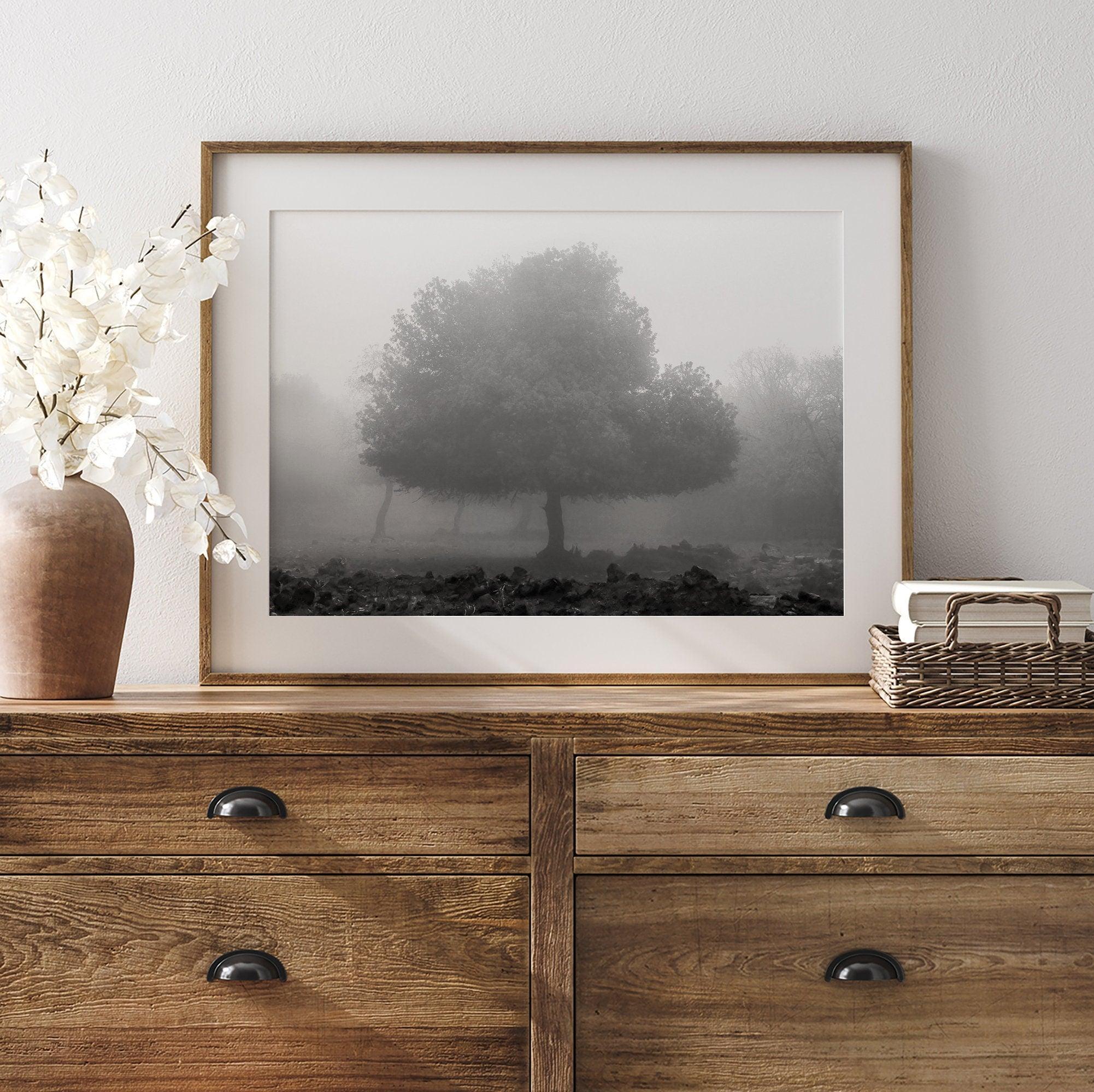 Black and white minimalist fine art photography print of a single tree shrouded in mist. This moody landscape captures the serenity and mystery of a foggy forest, creating a calming and peaceful atmosphere