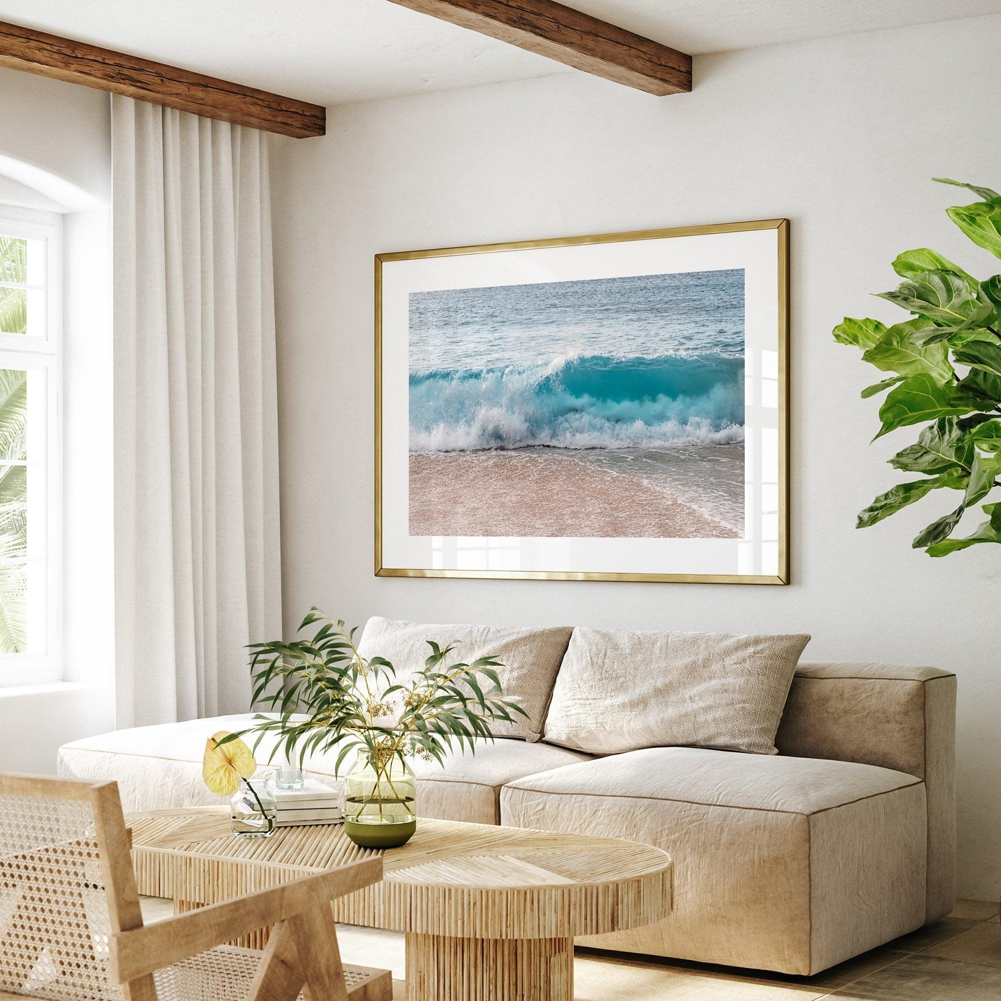 A fine art Ocean print showcasing water waves crashing in the ocean. this beach-themed wall art will make you want to jump into the waves whenever you look at it.