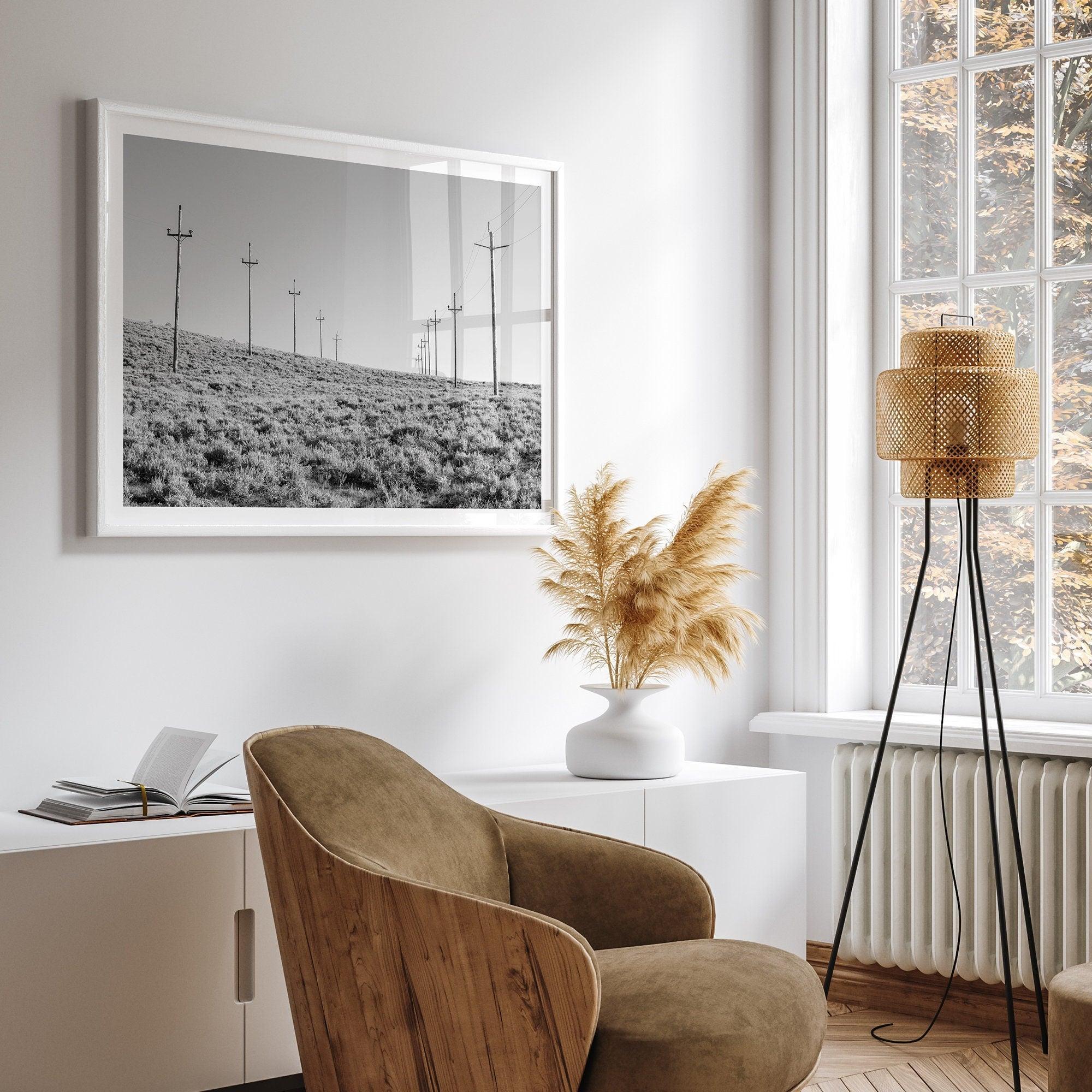 A black and white fine art photography print showcasing desert power lines in the Eastern Sierras in Americana decor style.