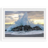 A dramatic fine art beach print showing a huge ocean wave crashing on a beautiful beach in California during sunset