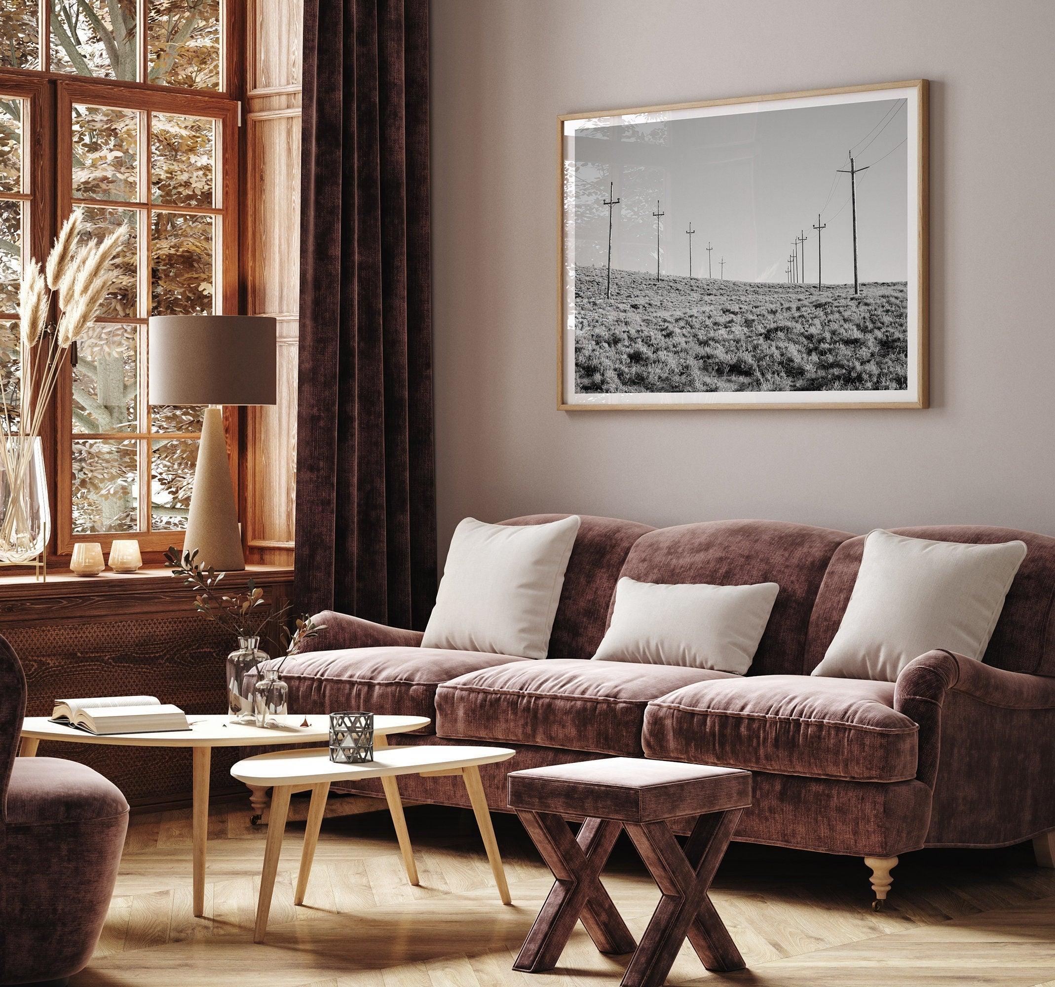 A black and white fine art photography print showcasing desert power lines in the Eastern Sierras in Americana decor style.