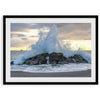 A dramatic fine art beach print showing a huge ocean wave crashing on a beautiful beach in California during sunset