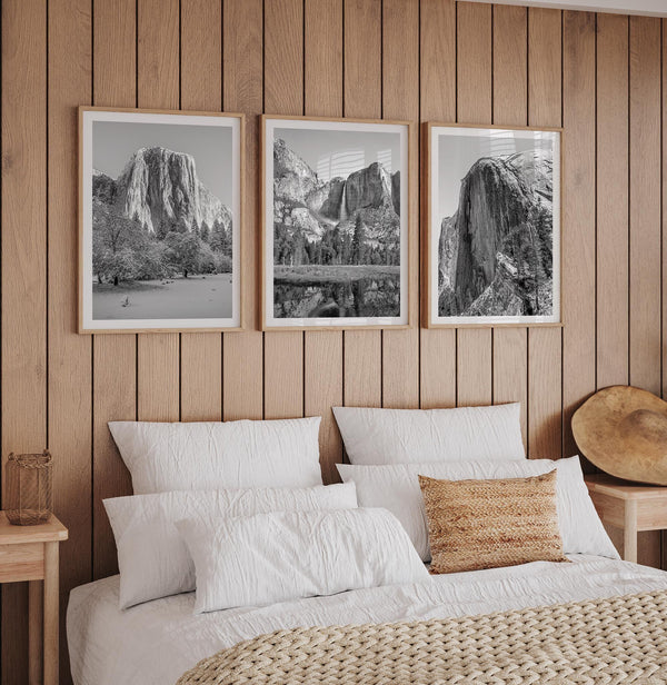 Black and white set of 3 prints: Yosemite National Park landmarks - print one is El Capitan, print two is Yosemite Falls and print three is a Half Dome closeup.