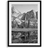 Black and white set of 3 prints: Yosemite National Park landmarks - print one is El Capitan, print two is Yosemite Falls and print three is a Half Dome closeup.