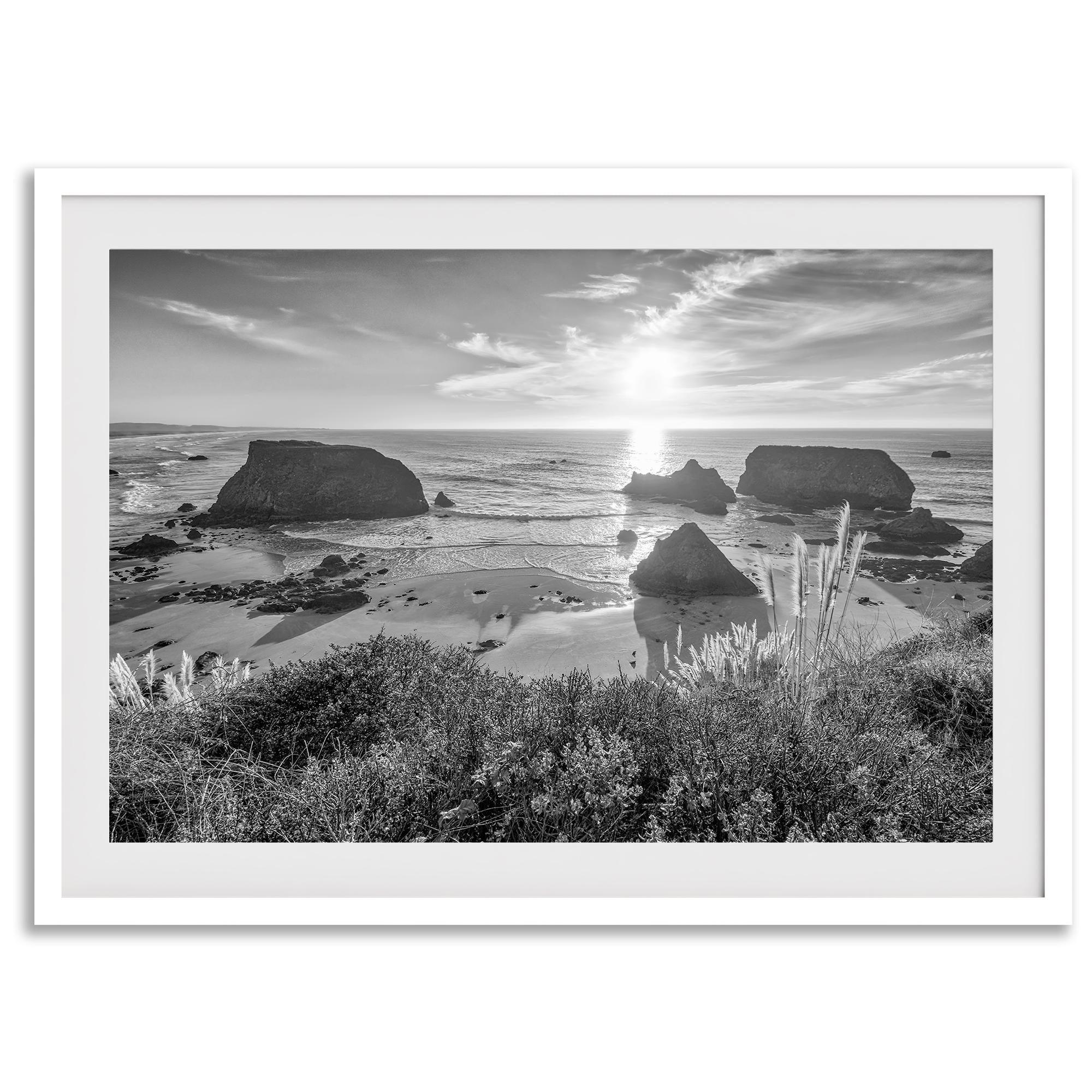 Black and white beach sunset photography wall art from Fort Bragg, California, featuring a dramatic Pacific Northwest coastline seascape.