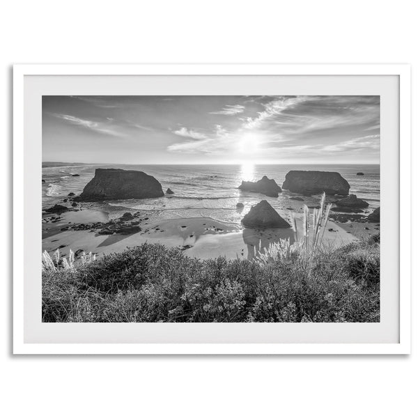 Black and white beach sunset photography wall art from Fort Bragg, California, featuring a dramatic Pacific Northwest coastline seascape.