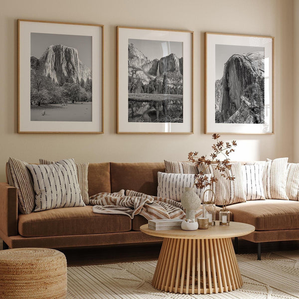 Black and white set of 3 prints: Yosemite National Park landmarks - print one is El Capitan, print two is Yosemite Falls and print three is a Half Dome closeup.