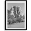 Black and white set of 3 prints: Yosemite National Park landmarks - print one is El Capitan, print two is Yosemite Falls and print three is a Half Dome closeup.