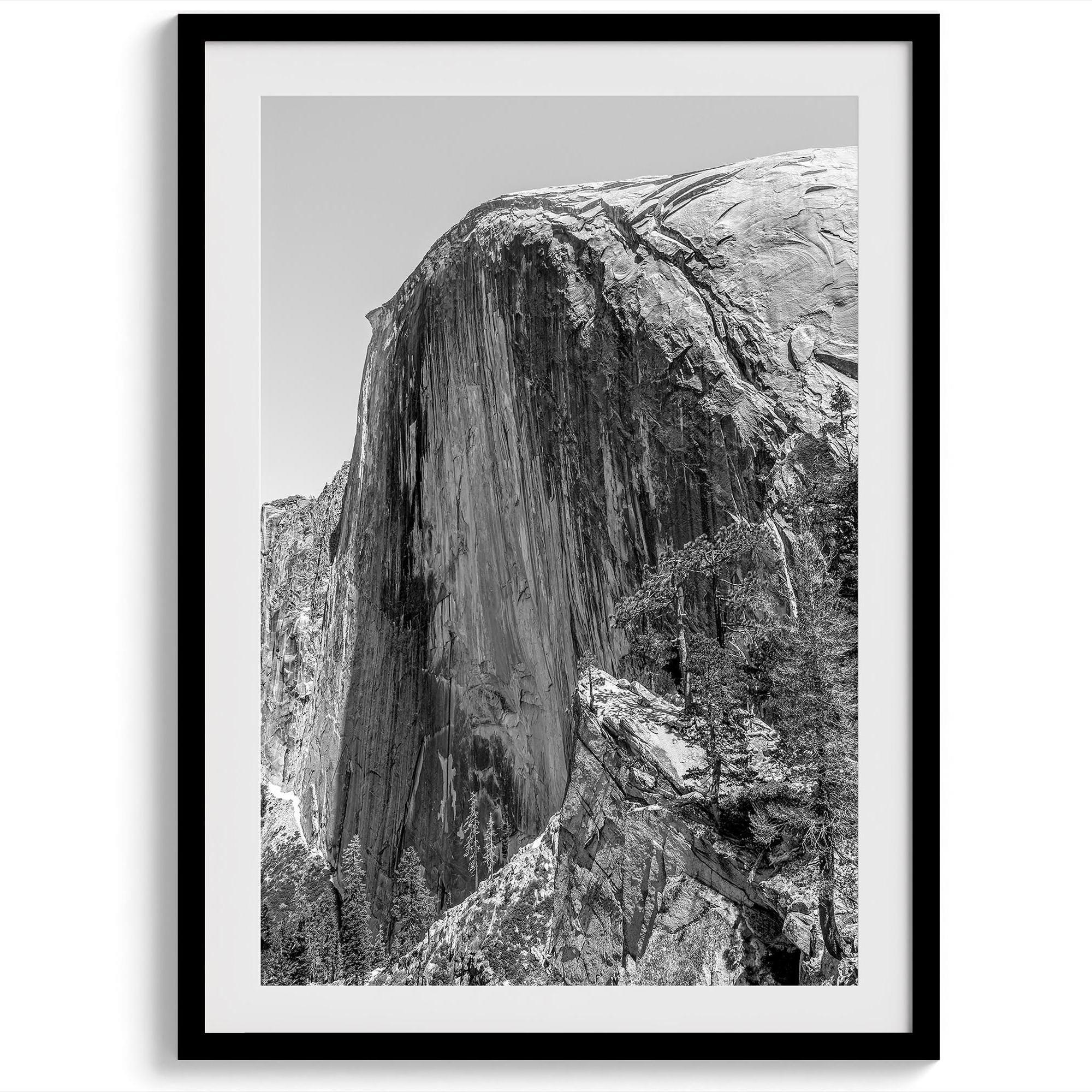 Black and white set of 3 prints: Yosemite National Park landmarks - print one is El Capitan, print two is Yosemite Falls and print three is a Half Dome closeup.