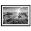 Black and white beach sunset photography wall art from Fort Bragg, California, featuring a dramatic Pacific Northwest coastline seascape.