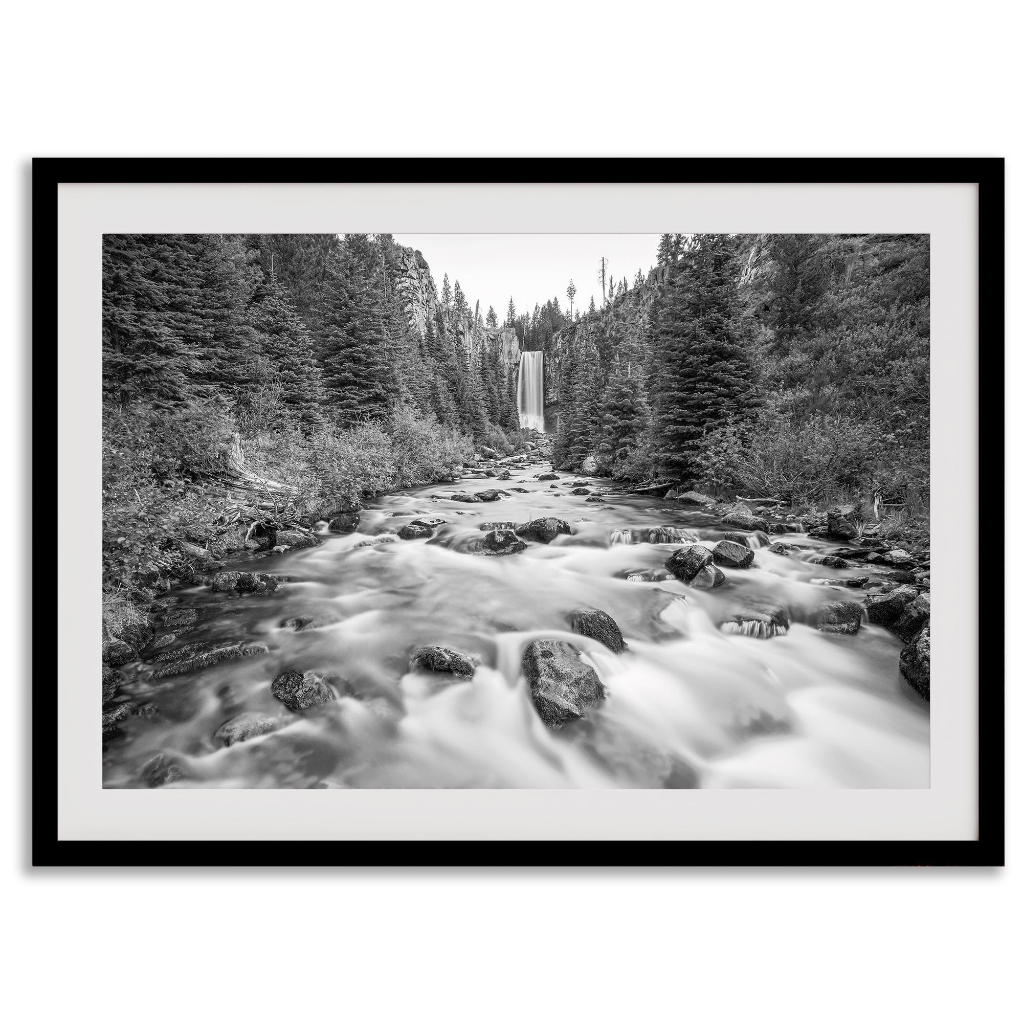 Black and white fine art photography print of Tumalo Falls near Bend, Oregon, framed or unframed; ideal nature artwork for any wall, perfect gift for nature lovers and fine art photography enthusiasts.