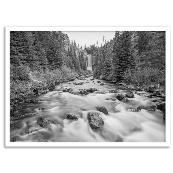 Black and white fine art photography print of Tumalo Falls near Bend, Oregon, framed or unframed; ideal nature artwork for any wall, perfect gift for nature lovers and fine art photography enthusiasts.