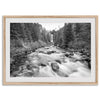 Black and white fine art photography print of Tumalo Falls near Bend, Oregon, framed or unframed; ideal nature artwork for any wall, perfect gift for nature lovers and fine art photography enthusiasts.