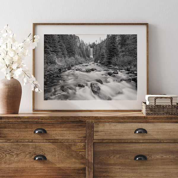 Black and white fine art photography print of Tumalo Falls near Bend, Oregon, framed or unframed; ideal nature artwork for any wall, perfect gift for nature lovers and fine art photography enthusiasts.