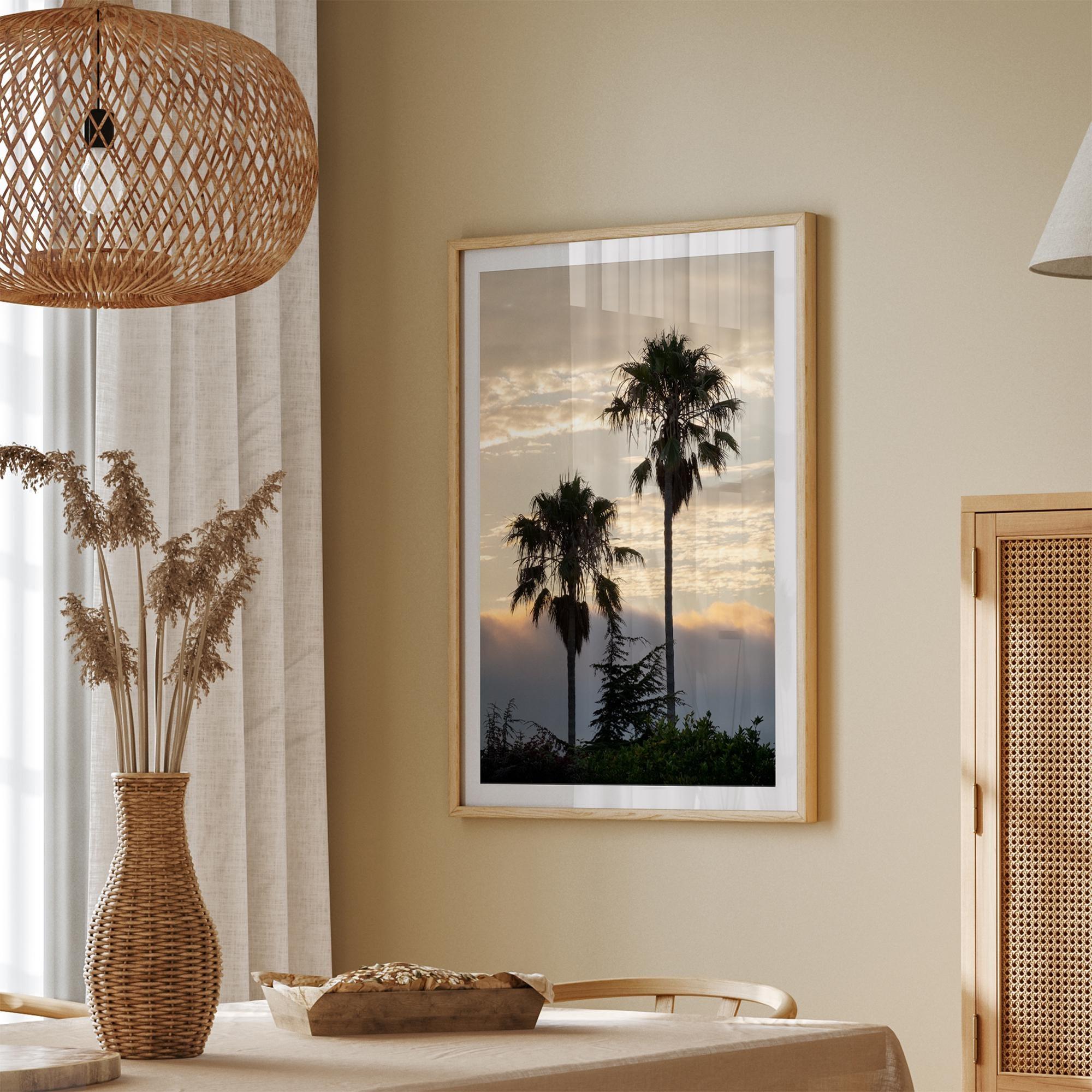 Palm tree wall art featuring two silhouetted palms at sunrise along a California beach.