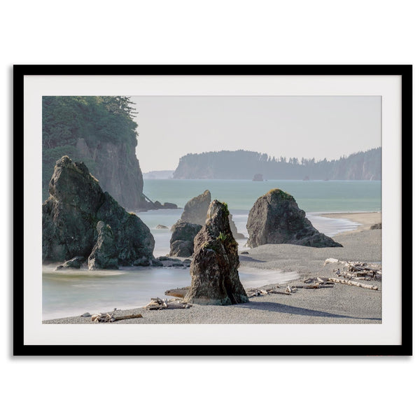 Ruby Beach wall art print featuring sea stacks, sandy beach, and driftwood at Olympic National Park, Washington