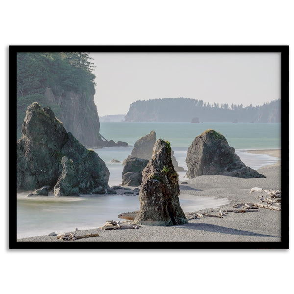 Ruby Beach wall art print featuring sea stacks, sandy beach, and driftwood at Olympic National Park, Washington