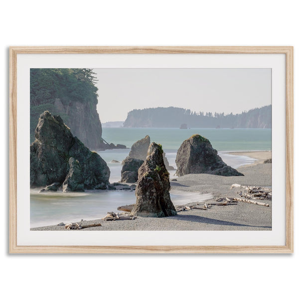 Ruby Beach wall art print featuring sea stacks, sandy beach, and driftwood at Olympic National Park, Washington