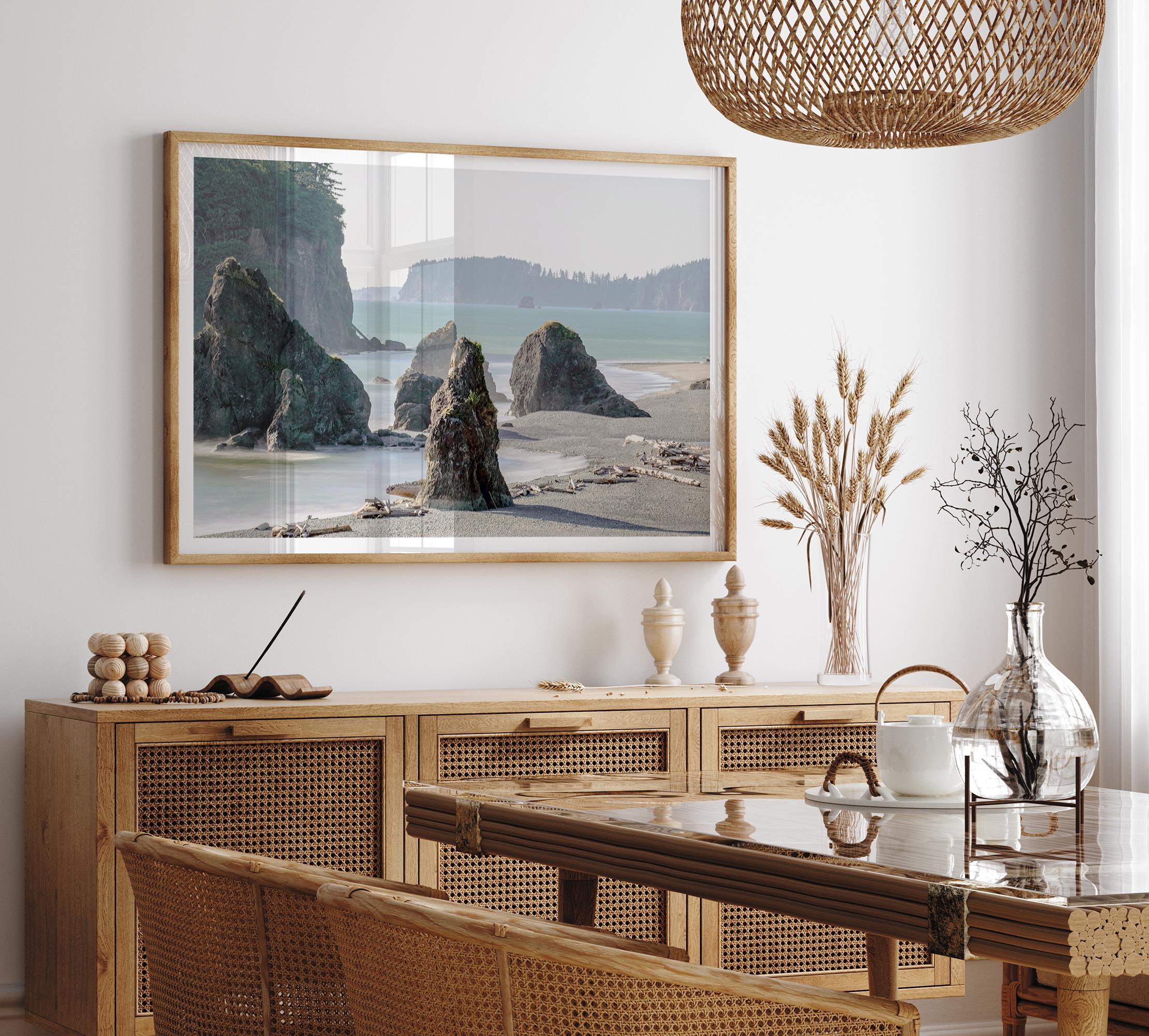 Ruby Beach wall art print featuring sea stacks, sandy beach, and driftwood at Olympic National Park, Washington