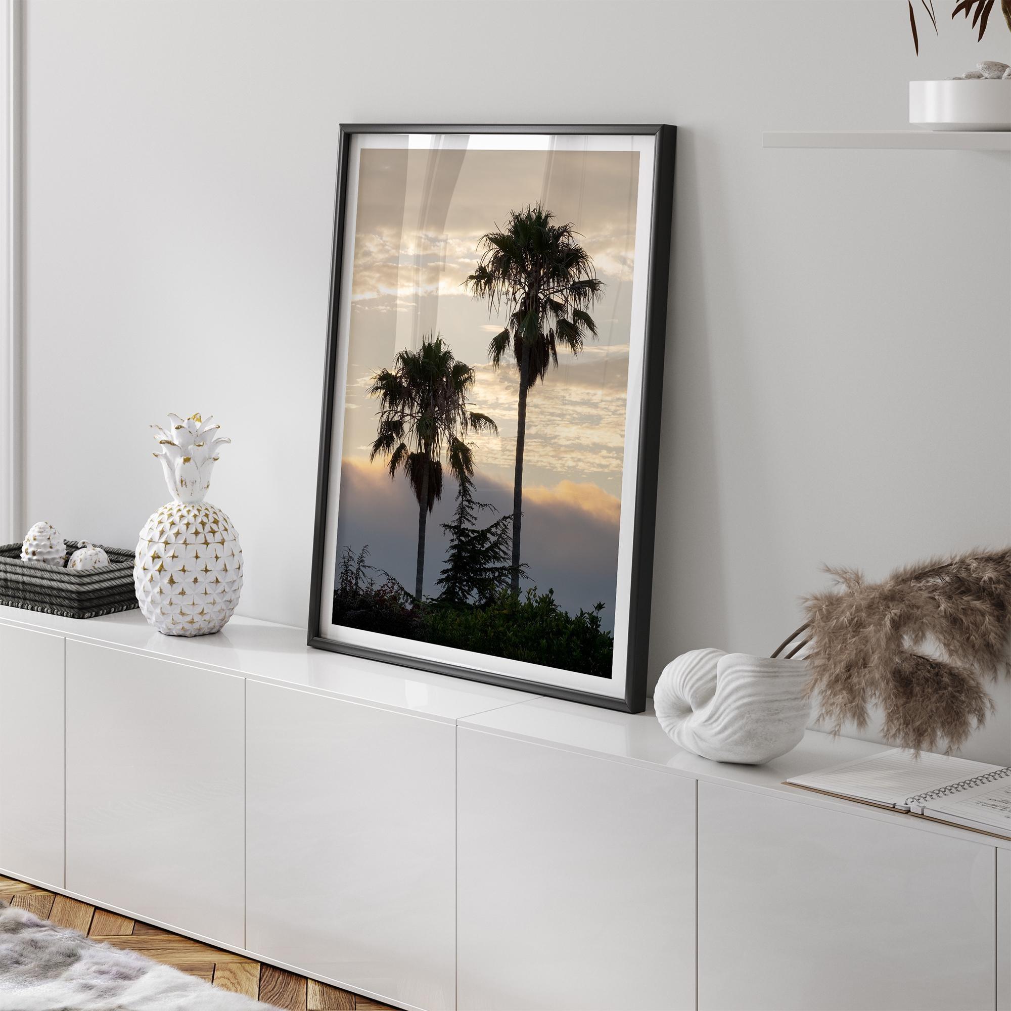 Palm tree wall art featuring two silhouetted palms at sunrise along a California beach.