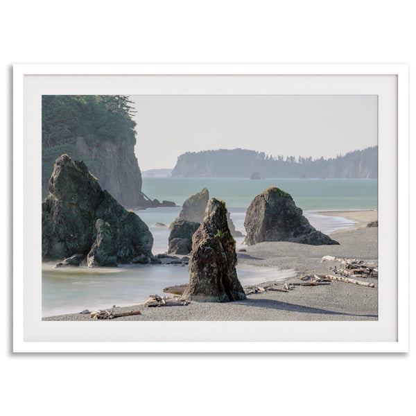 Ruby Beach wall art print featuring sea stacks, sandy beach, and driftwood at Olympic National Park, Washington