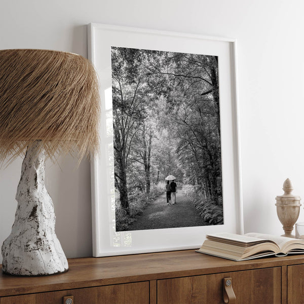 Romantic Japan nature art photograph in black and white forest setting, couples wall decor