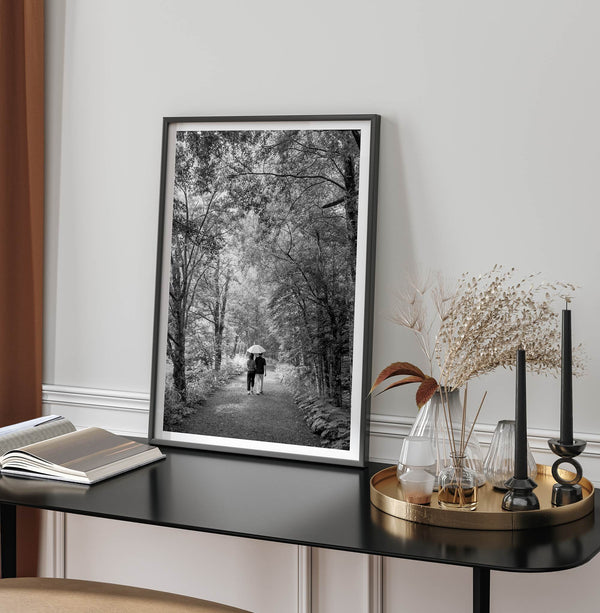 Romantic Japan nature art photograph in black and white forest setting, couples wall decor
