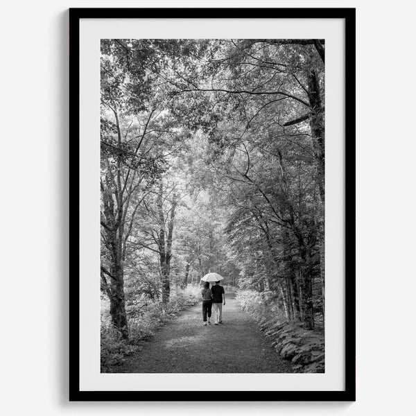 Romantic Japan nature art photograph in black and white forest setting, couples wall decor