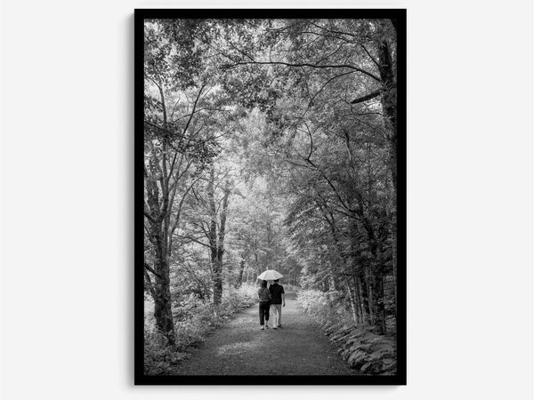 Romantic Japan nature art photograph in black and white forest setting, couples wall decor