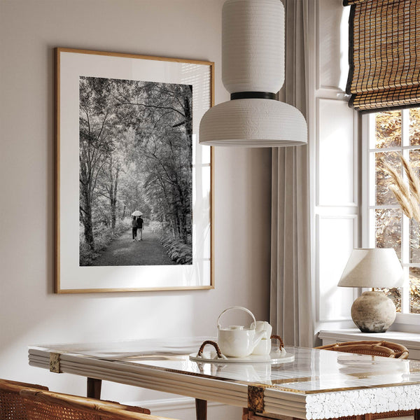 Romantic Japan nature art photograph in black and white forest setting, couples wall decor