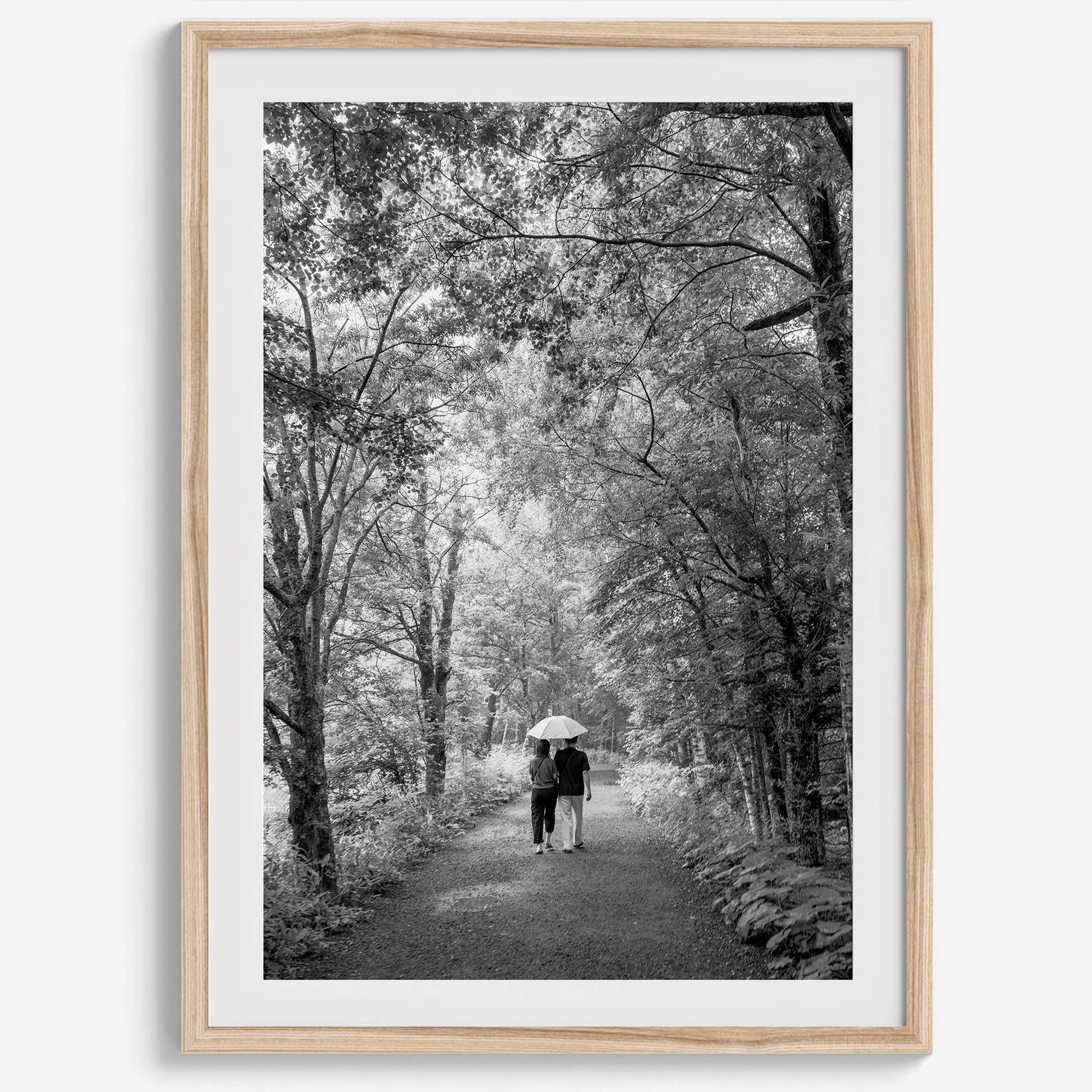 Romantic Japan nature art photograph in black and white forest setting, couples wall decor