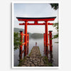 Japanese landscape photography of Hakone Shrine red torii gate over calm lake