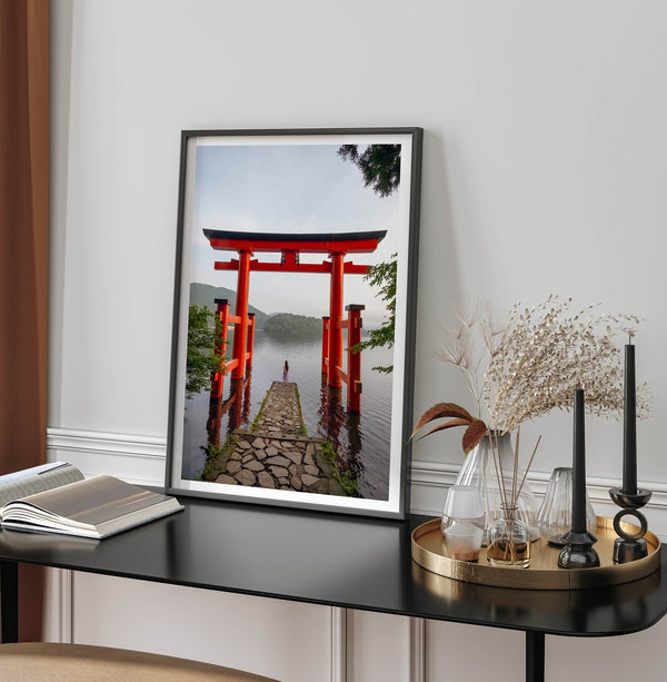 Japanese landscape photography of Hakone Shrine red torii gate over calm lake