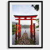 Japanese landscape photography of Hakone Shrine red torii gate over calm lake