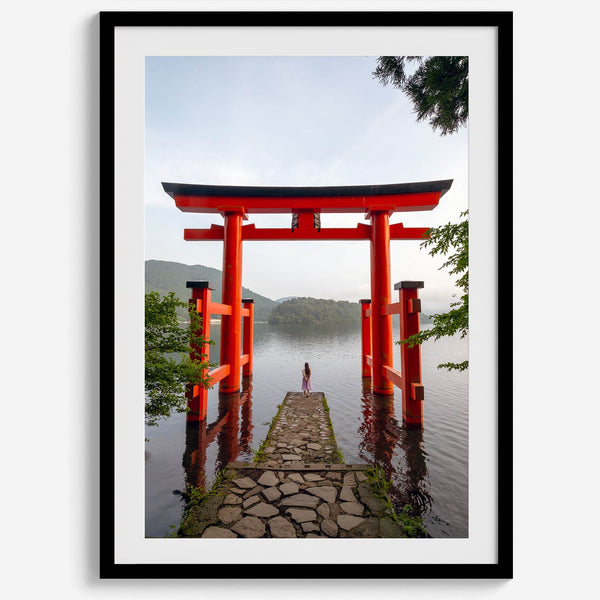 Japanese landscape photography of Hakone Shrine red torii gate over calm lake