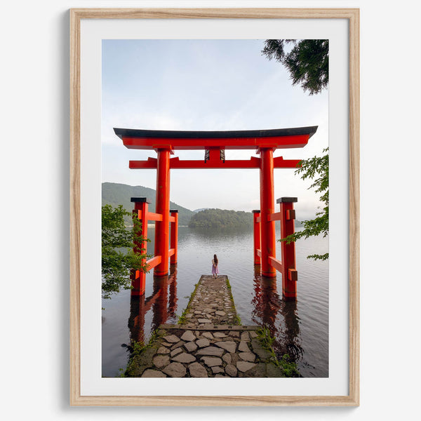 Japanese landscape photography of Hakone Shrine red torii gate over calm lake