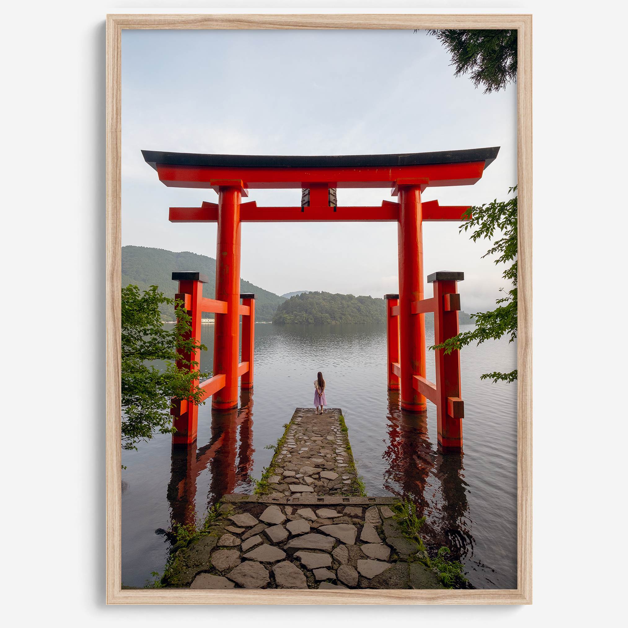 Japanese landscape photography of Hakone Shrine red torii gate over calm lake