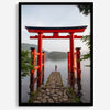 Japanese landscape photography of Hakone Shrine red torii gate over calm lake