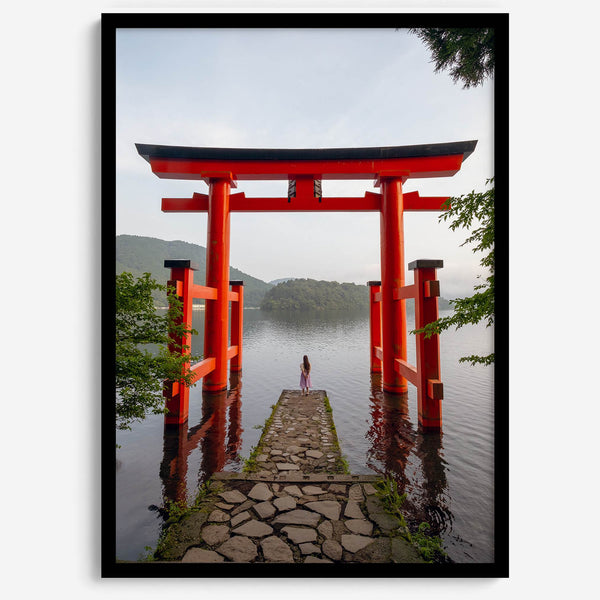 Japanese landscape photography of Hakone Shrine red torii gate over calm lake