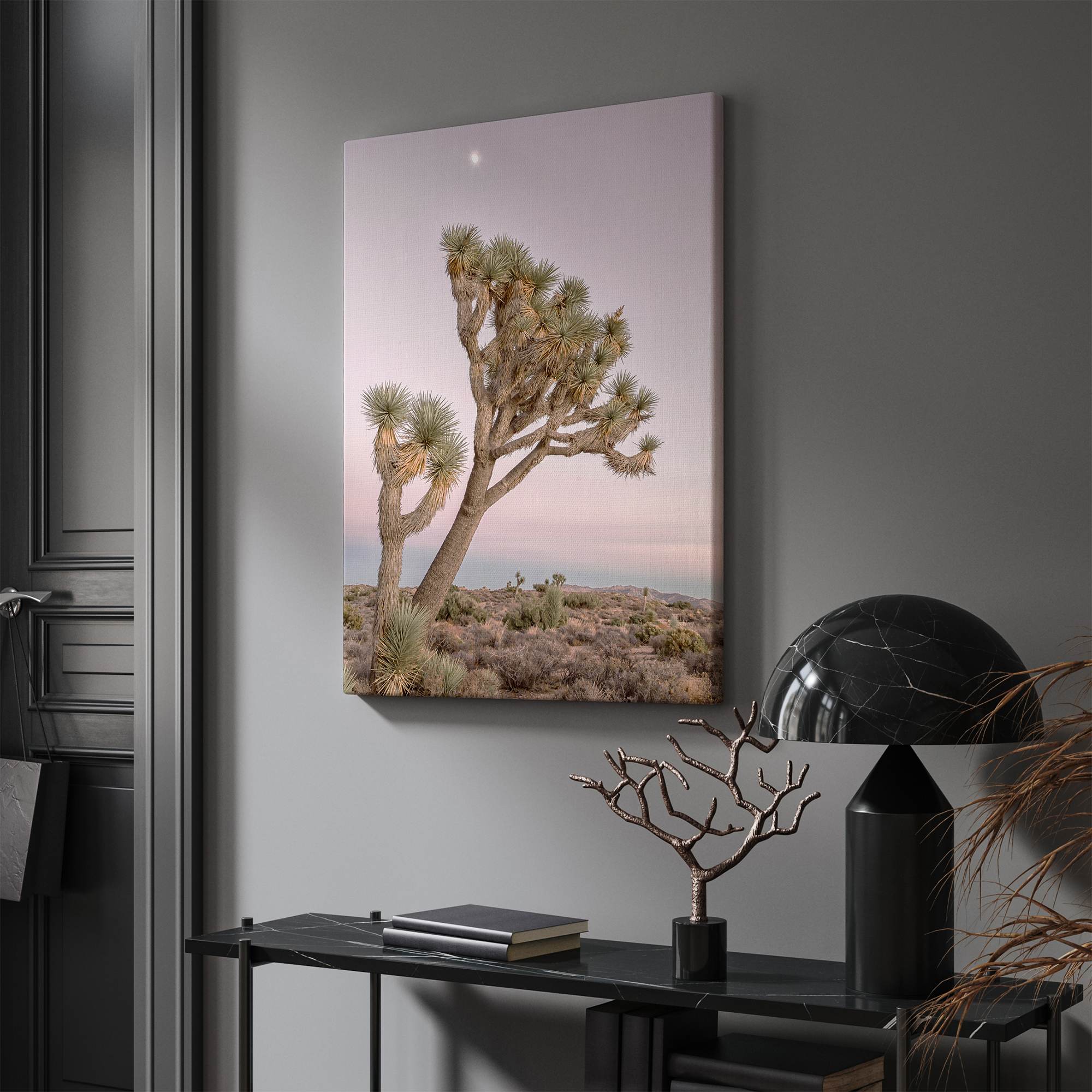 Fine art canvas of Joshua Tree under moonlit sky, framed in FSC hardwood with soft desert tones