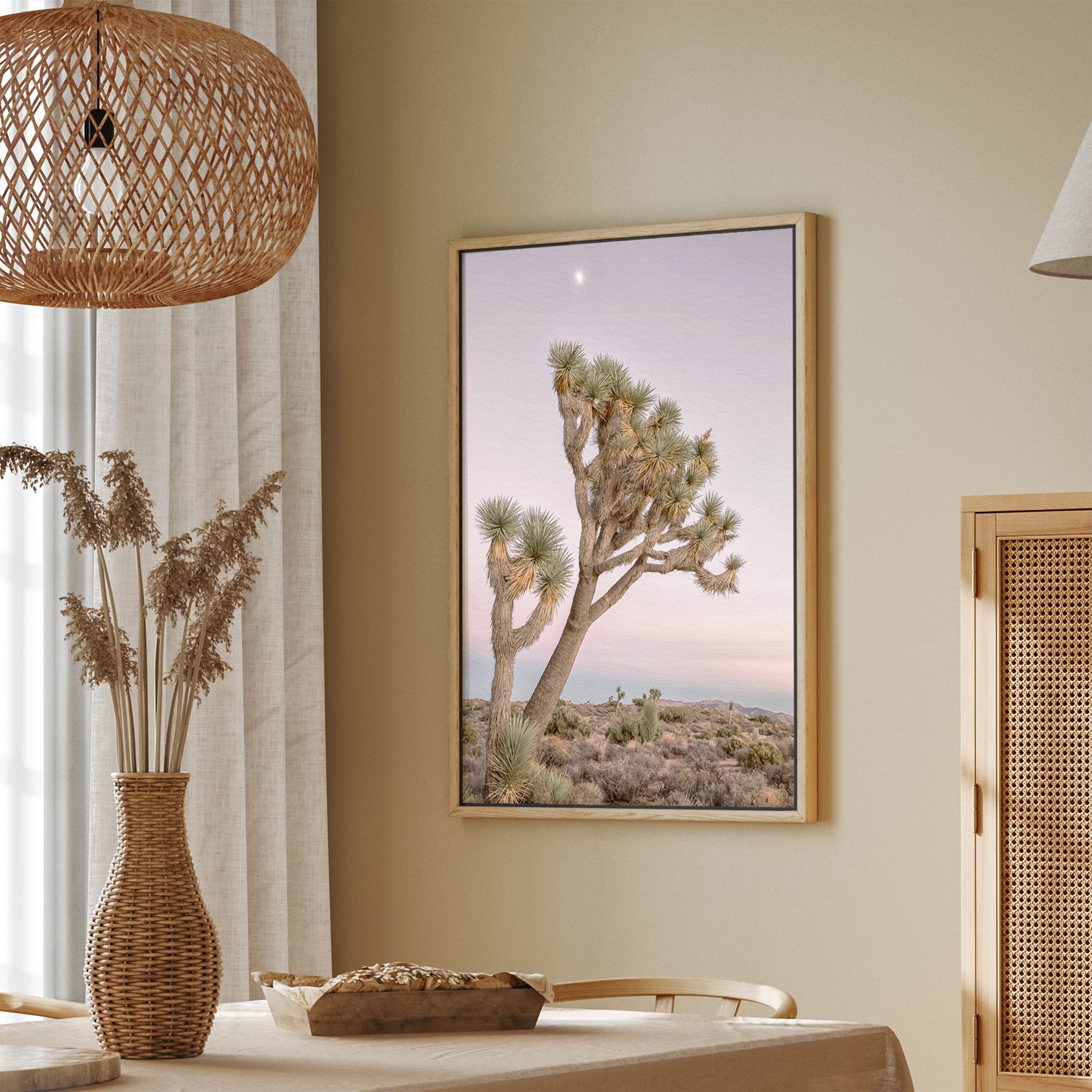 Fine art canvas of Joshua Tree under moonlit sky, framed in FSC hardwood with soft desert tones