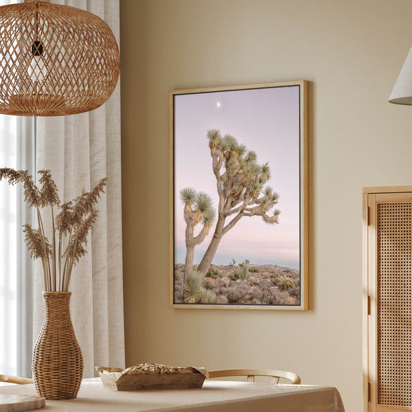 Fine art canvas of Joshua Tree under moonlit sky, framed in FSC hardwood with soft desert tones