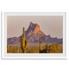 Framed photography print of an Arizona desert landscape with saguaro cacti and a sunlit mountain.