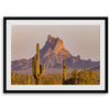 Framed photography print of an Arizona desert landscape with saguaro cacti and a sunlit mountain.