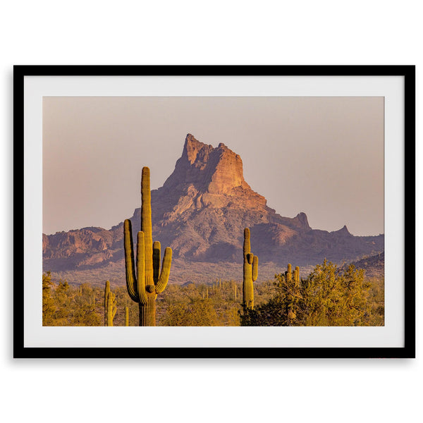 Framed photography print of an Arizona desert landscape with saguaro cacti and a sunlit mountain.