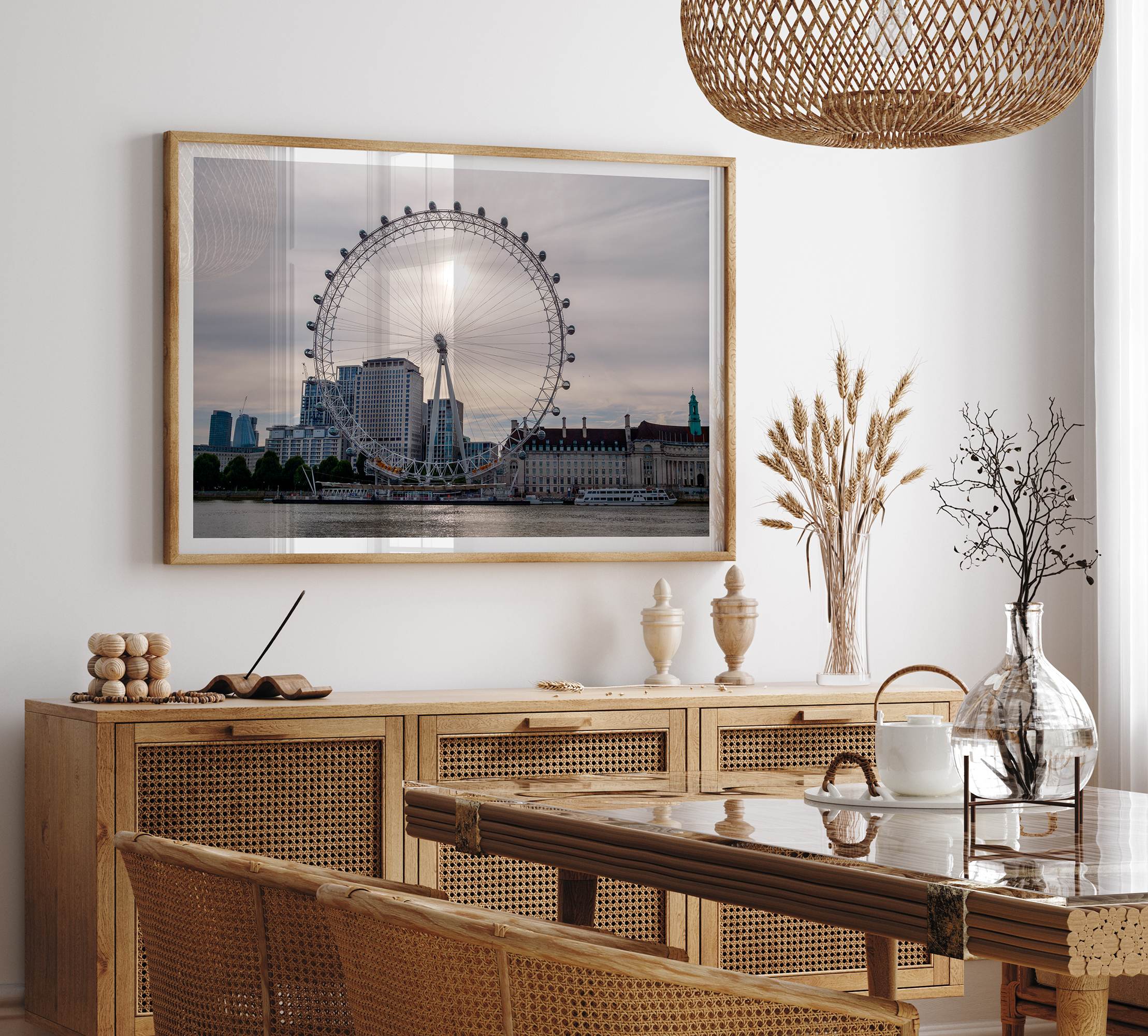 London Eye photography wall art featuring London skyline and sunset light