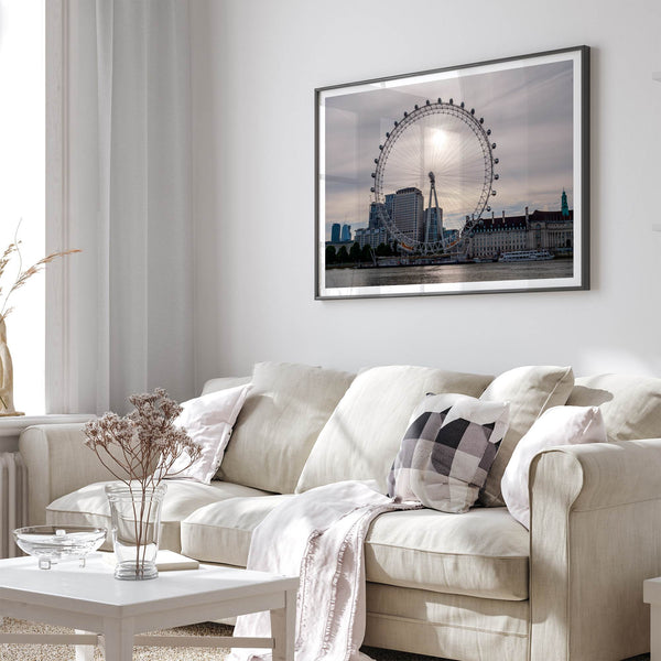 London Eye photography wall art featuring London skyline and sunset light