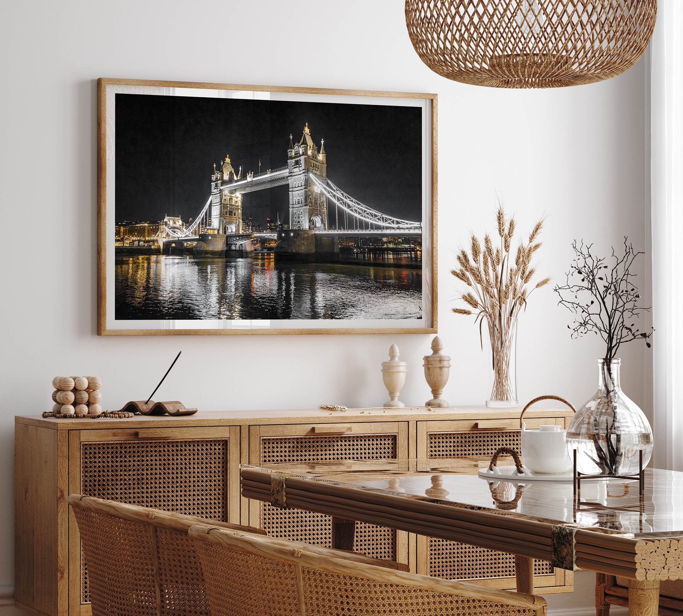 Night view of London’s Tower Bridge with glowing lights and water reflections, perfect london wall art print