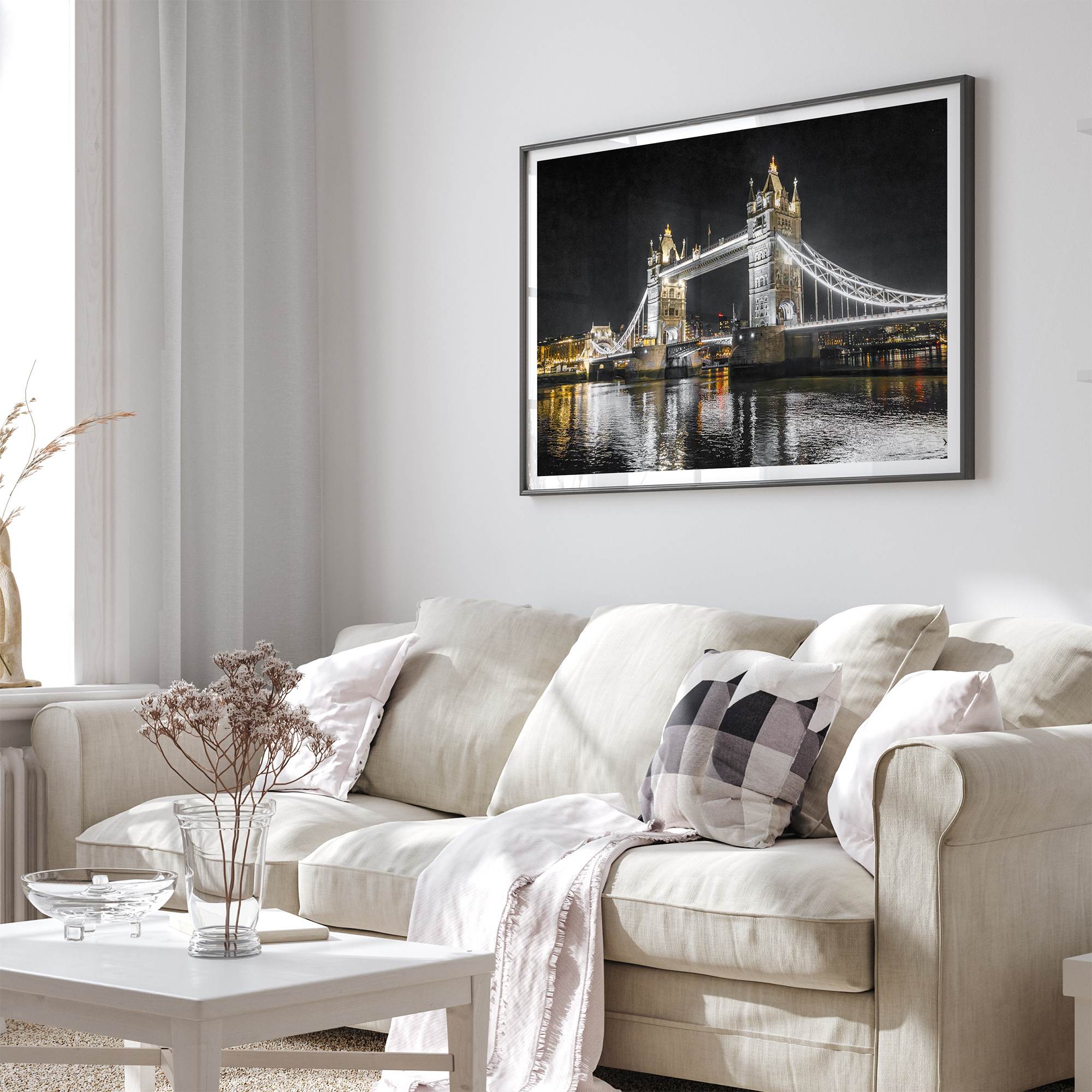 Night view of London’s Tower Bridge with glowing lights and water reflections, perfect london wall art print