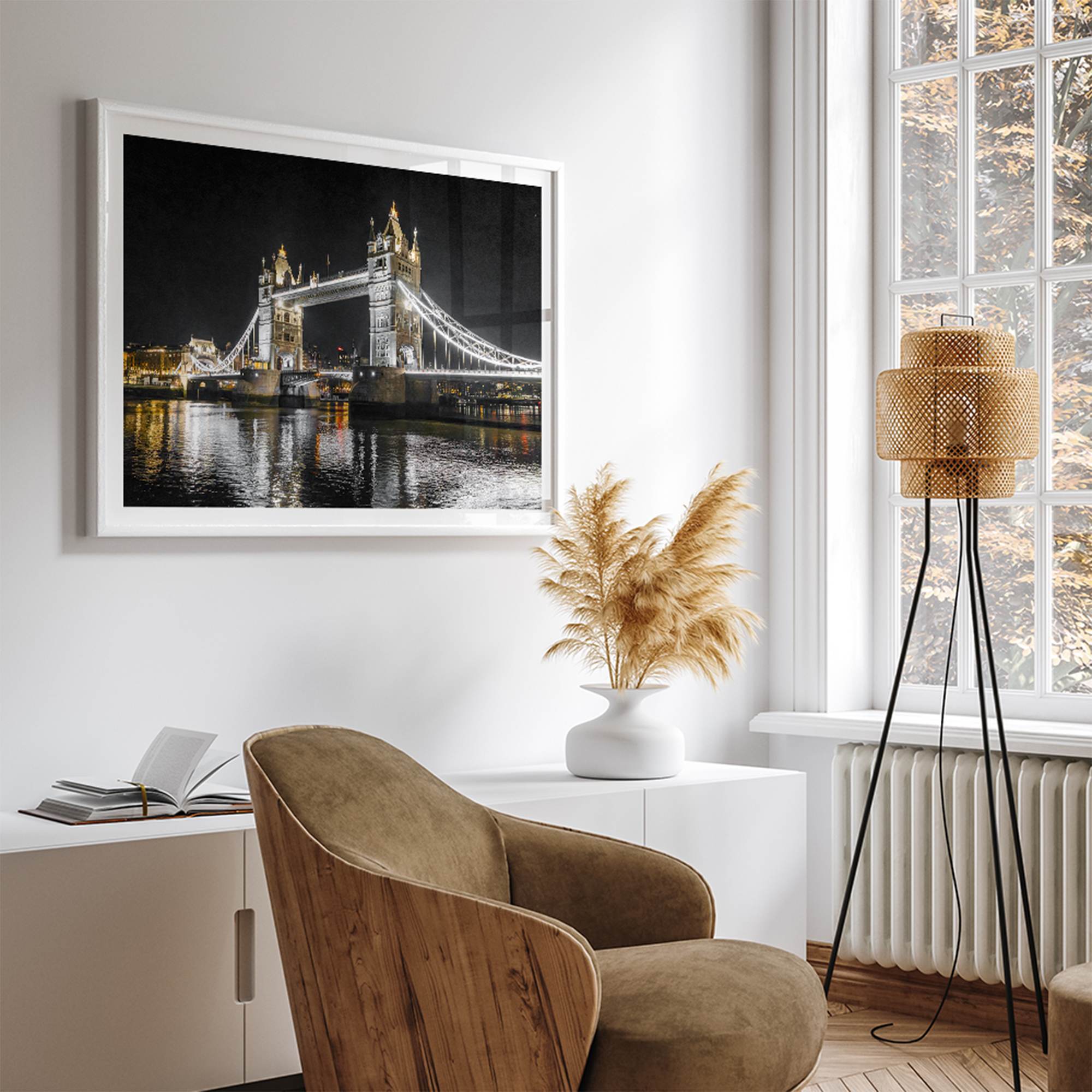 Night view of London’s Tower Bridge with glowing lights and water reflections, perfect london wall art print